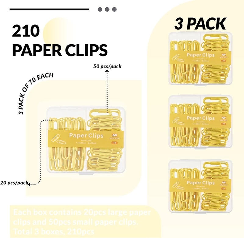 NEEWAY Colorful Paper Clips Assorted Sizes, Small and Large Paper Clips, 210 Count, 3 Pack of 70 (Yellow) - Image 3
